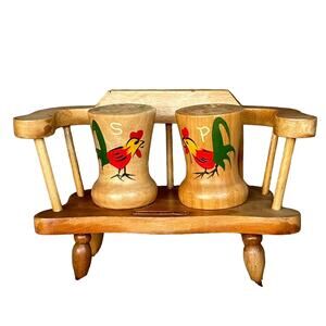 Mid Century Wooden Rooster Salt & Pepper Shakers on Bench Japan Hand Vtg READ